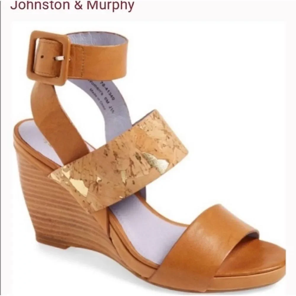 Tan Cork Wedge Sandals with Ankle Buckle